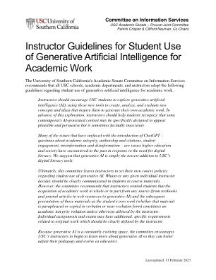 南加州大学学术委员会关于学生使用生成人工智能进行学术工作的指导方针